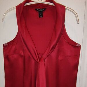 WHITE HOUSE BLACK MARKET BLOUSE SAND WASHED 100% SILK LONG BOW SLEEVELESS RED